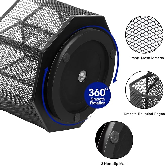 Comix 360° Rotating Pen Holder for Desk, 5 Compartments Office Desk Organizer, Black Mesh Metal Pencil Holder Cup for Office Home School
