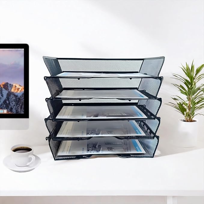 5 Tier Metal Mesh Desk Organizer-Stackable Letter Trays for Office Supplies,Black File Storage System with Reinforced Edges