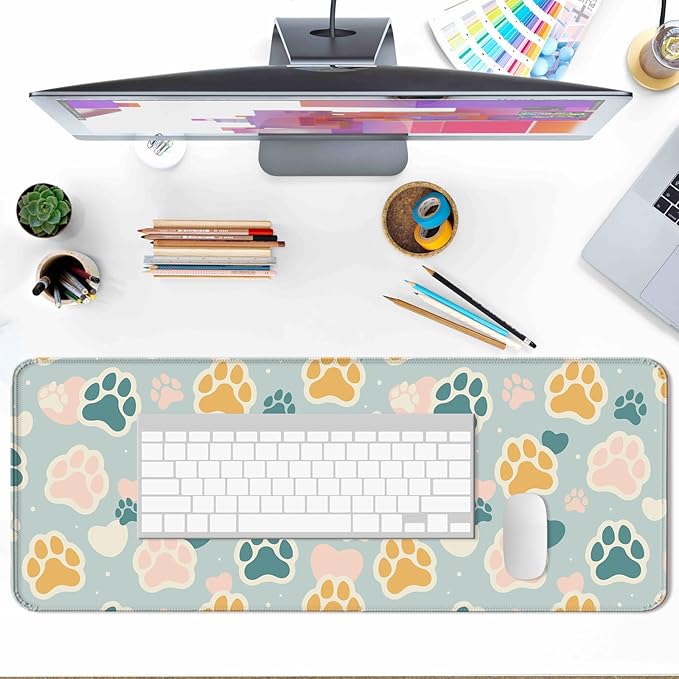 Cute Cat Paw Pattern Desk Mat, Large Gaming Mouse Pad, Computer Keyboard Laptop Girl Mousepad for Work, Game, Office and Home, XL