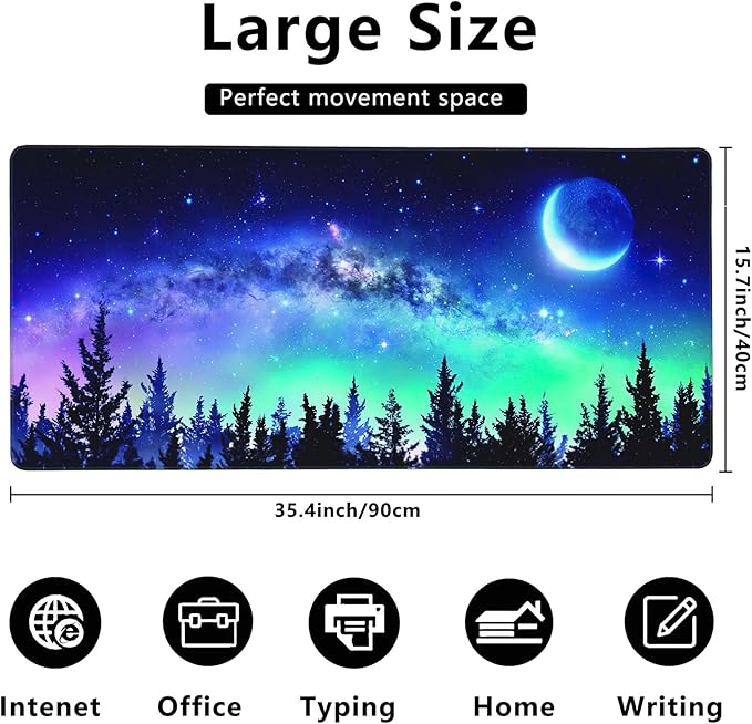 MIOAOSRT Desk Mat,Milky Way and Moon in Night Forest Large Gaming Mouse Pad with Stitched Edges,Non-Slip Computer Mouse Pad for Desk,Extended XXL Keyboard and Mouse Pad 35.4x15.75 in