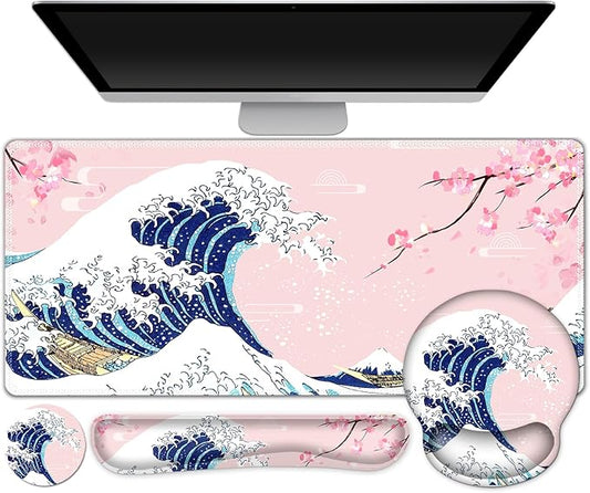 Gaming Mouse Pad, Large Desk Mat, Cute Desk Pad Protector, Pink Cherry Blossoms XXL Mousepad + Keyboard Wrist Rest+Mouse Wrist Rest+Coaster Set with Ergonomic Desk Pad, Japanese Wave of Kanagawa