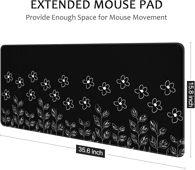 Auhoahsil Desk Mat, Ultra Large Mouse Pad, XXL Gaming Mousepad, Pretty Desk Pad, Big Extended Full Size Desktop Desk Matt for Keyboard, Laptop & Computer, 35.5 x 15.7 in, Minimalist Flower Black