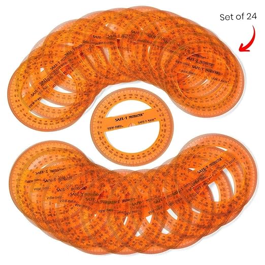 hand2mind Clear 4” Safe-T 360 Degree Protractor Set, Circle Protractor for School, Clear Plastic Protractor Ruler, Geometry Tools, Protractors Bulk for Classroom, Math Teacher Supplies (Set of 24)