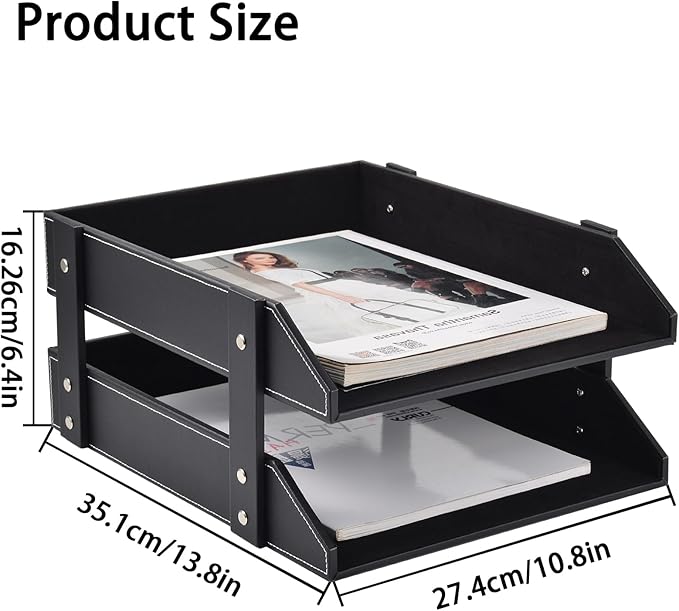 Leather Desk Organizer,2-Tier Stackable Letter Tray Holder,Office Supplies Desktop Storage Box for Document,Stationery,Magazines,Newspapers,Letters and Other Home Office Paper Sundries,Black