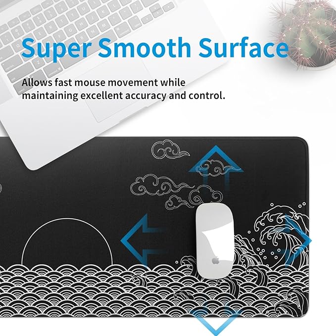 Japanese Sea Wave Gaming Mouse Pad Black Large Anime Mousepad Extended Mouse Mat 31.5''x11.8'' 3mm Thick Non-Slip Rubber Base Big Desk Pad for Office