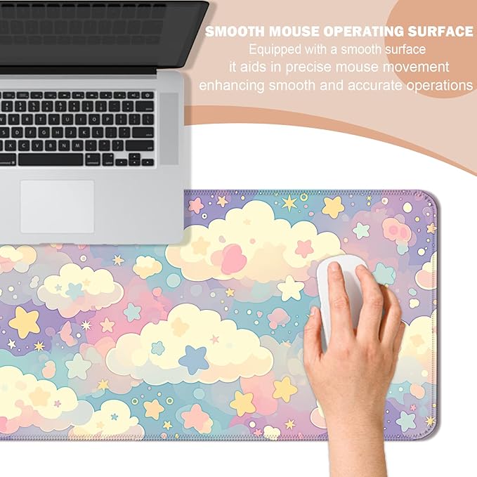 Cute Colorful Cloud and Star Desk Mat, Watercolor Pink Extended Large Gaming Mouse Pad, Computer Keyboard Laptop Girl Kawaii Mousepad for Work, Game, Office and Home, XL