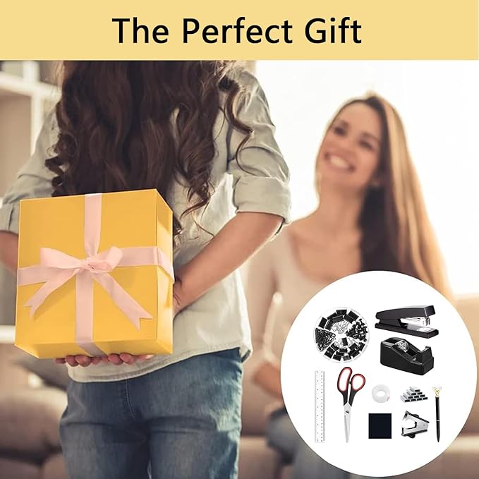 Office Supplies,Desk Accessories,Tape Holder,Stapler,Scissor,Staple Remover,Box of Binder Clips,Staples,Ballpoint Pen,Sticky Notes,Clear Tape,Ruler,Office Supplies Set(Black)