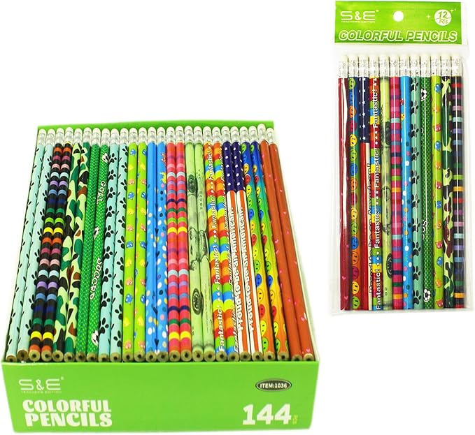 S & E TEACHER'S EDITION Assorted Colorful Pencils, Wooden Pencil with Eraser, Pencil Assortment, Novelty, Awards & Incentives Pencils, No.2 HB, Back to school, 12 Colors 144pcs.
