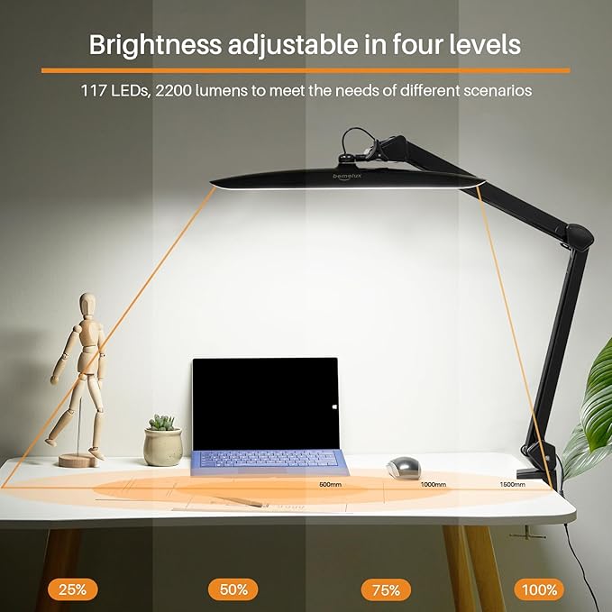 117PCS LED Clamp Desk Lamp, 20 Inch Metal Swivel Arm with Protective Casing, 2200 Lumens, Dimmable Task Lamp for Reading, Office Work, Sewing, Study, and Crafts(Black)