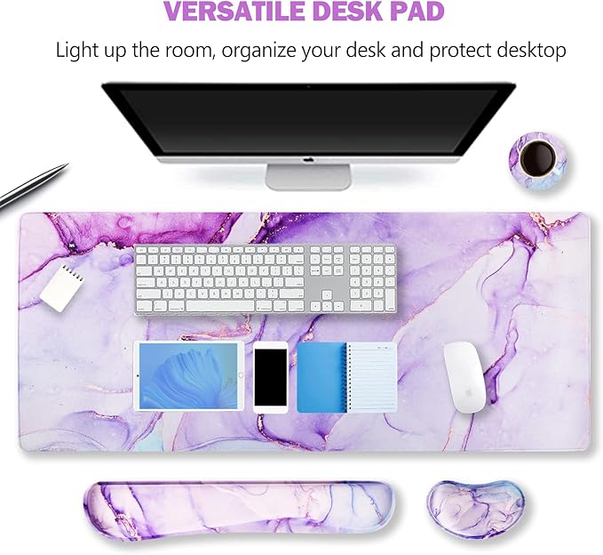 ARTSO Large Gaming Mouse Pad, Keyboard Wrist Rest Pad & Wrist Support Mousepad Set, Stitched Edge, Extended, Non-Slip Base, Memory Foam,Multifunctional Desk Mat for Office & Home, Purple Blue Marble