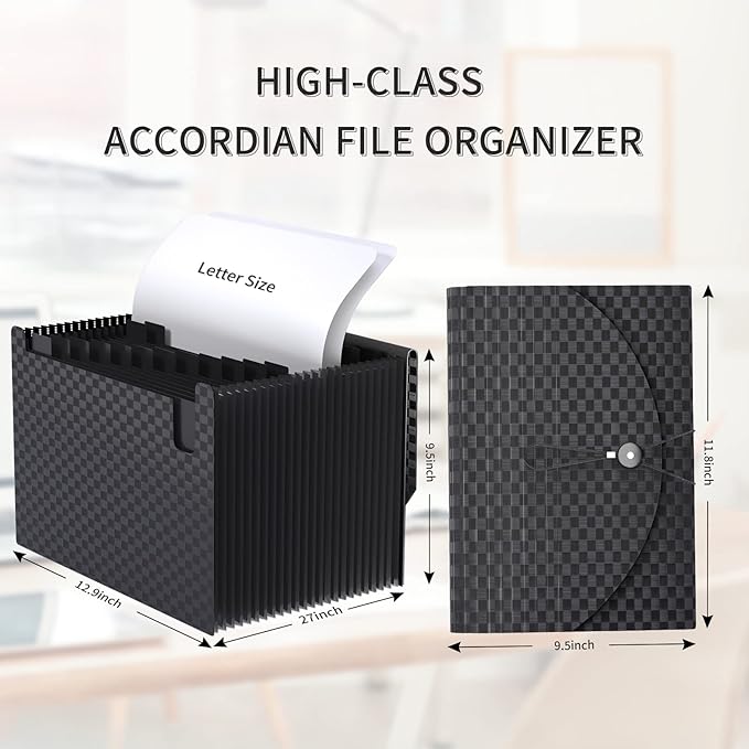 24 Pockets Accordion File Organizer,Document Organizer,Expanding File Folder Letter Size,Expandable Filing Box,Special Designed for Portable Use,Accordian Folders,Plastic (Grid Black)