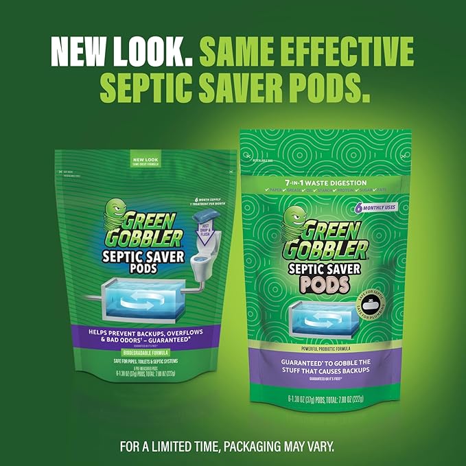 Green Gobbler Septic Tank Enzyme Treatment Packets, 6 Month Supply - Powerful & Natural Bacteria to Prevent Costly Septic Issues, Back-Ups
