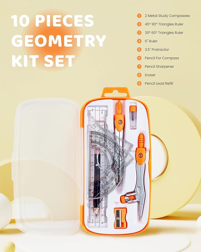 Math Geometry Kit Sets 10 Piece Student Supplies with Shatterproof Storage Box, Includes Rulers, Protractor, Compass, Eraser, Pencil Sharpener, Lead Refills, for Drafting Drawings（Orange）