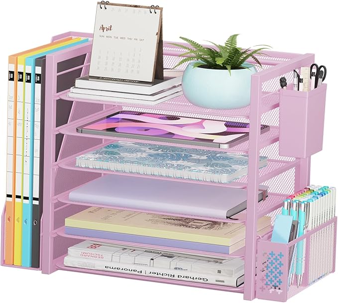Simple Trending 6 Tier Desk File Organizer, Paper Letter Tray Organizer with File Holder and Pen Container, Pink
