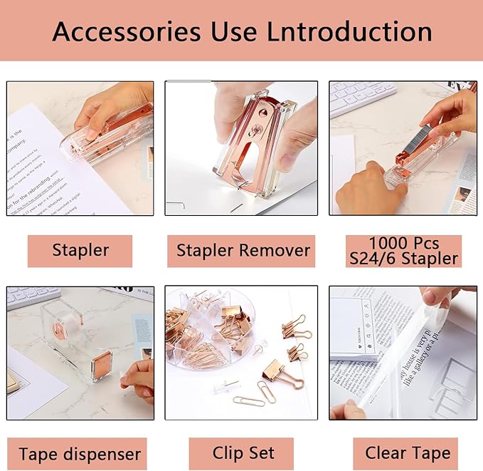 Office Supplies,Desk Accessories,with Stapler,Tape Dispenser,Pen Holder Cup for Desk,Staple Remover,Scissor,Ballpoint Pen,Clear Tape, Staples,Phone Stand,Ruler,Binder,Best Gift Set(Rose Gold)