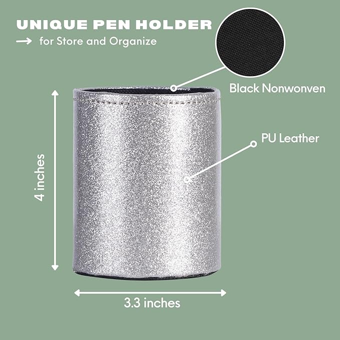 Pencil Holder for Desk, PU Leather Pen Holders for Cosmetics Office Supplies,Brush Holder Makeup Organizer Silver PH108