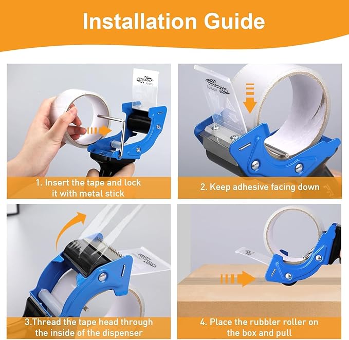 Heavy Duty Metal Packing Tape Dispensers Gun:2-inch Wide Tape Dispenser, 2 Pack(2" Blue + 2" Orange)