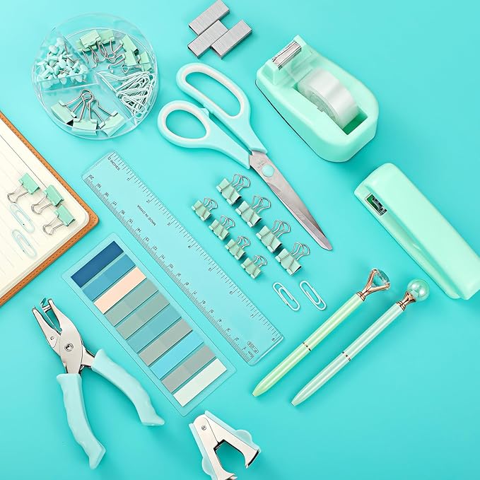 13 in 1 Green Office Supplies, Teal Desk Accessories Teal Office Supplies and Tape Dispenser, Hole Punch, Staple Remover, Stapler, 1000 Staple, Clip, Ruler, Scissor, Tab, Tape, Pen