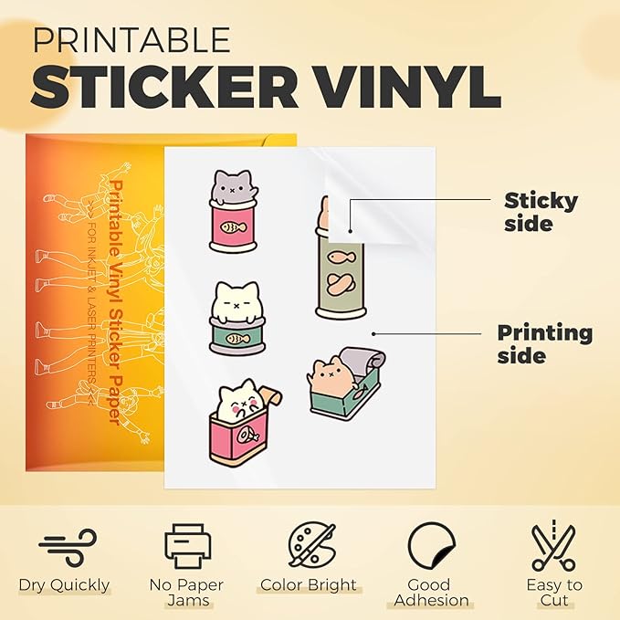HTVRONT Printable Vinyl Sticker Paper, 100 Sheets Glossy Waterproof Sticker Paper For Inkjet Printer & Laser Printer, Dries Quickly-Standard Letter Size 8.5"X11"