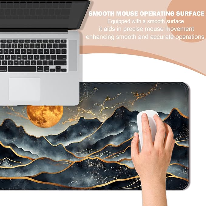 Gold Mountain and Moon Gaming Mouse Pad, Extended Large Abstract Minimalist Desk Mat, Computer Keyboard Laptop Mousepad for Work, Office and Home, XL, Black