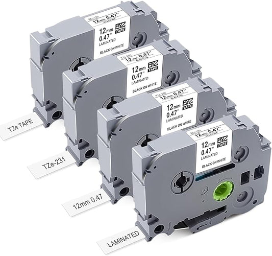 4Pk Replace for Brother Label Maker Tape 1/2 Inch Laminated Black on White Work with Brother P Touch Label Tape PTouch TZ 1/2" TZe-231 for PT-H103w H110 D210 D400 1180 1280 1890 2040,8m 26.2ft