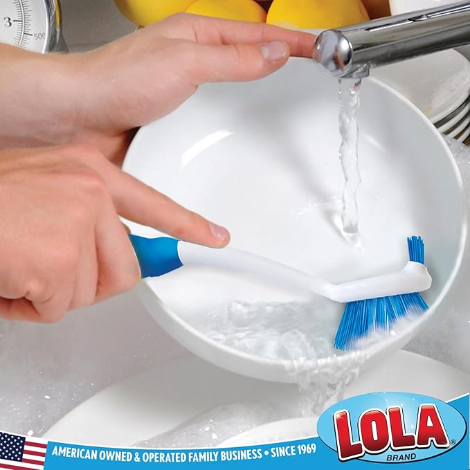 Dish Brush Scrubber for Kitchen, 4 Pack, by LOLA, Has Stiff Bristles & Food Scraper, Comfort No-Slip Grip Handle, Safe for Non-Stick & Coated Cookware