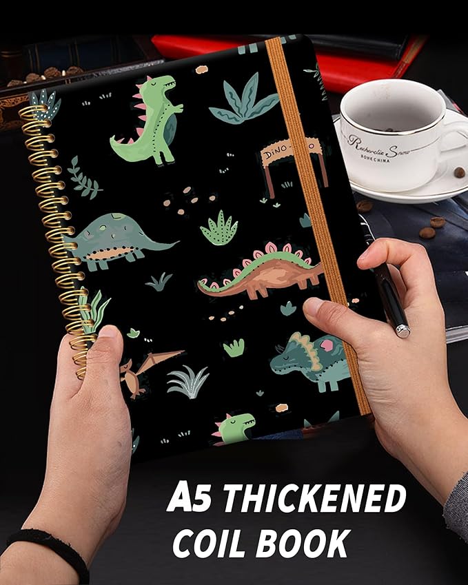 Ruled Spiral Writing Notebook,A5 Hardcover Lined College Journal for Women,Strong Twin-Wire Binding with Premium Paper,8.4" X 6",Perfect for School,Office,Home(Cute Dinosaurs)