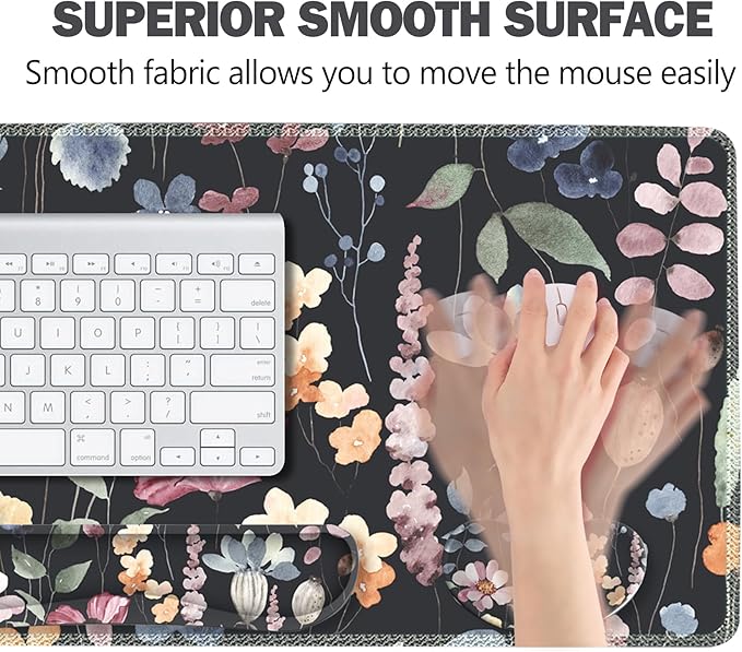 ARTSO Gaming Mouse Pad Wrist Support Set, XXL Large Desk Mat Mousepad + Keyboard Wrist Support+ Mouse Wrist Rest+Coaster 4in1 Ergonomic, Memory Foam, Stitched Edge for Home Office -Flowers Plants