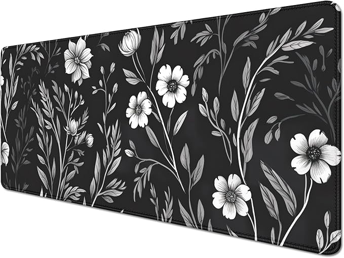 Black and White Mouse Pad Floral Desk Mat Large Desk Pad Alfombrilla para Mouse Gaming Mousepad with Stitched Edge Non-Slip Rubber Base for Work Study Gaming (27.5X11.8 in)