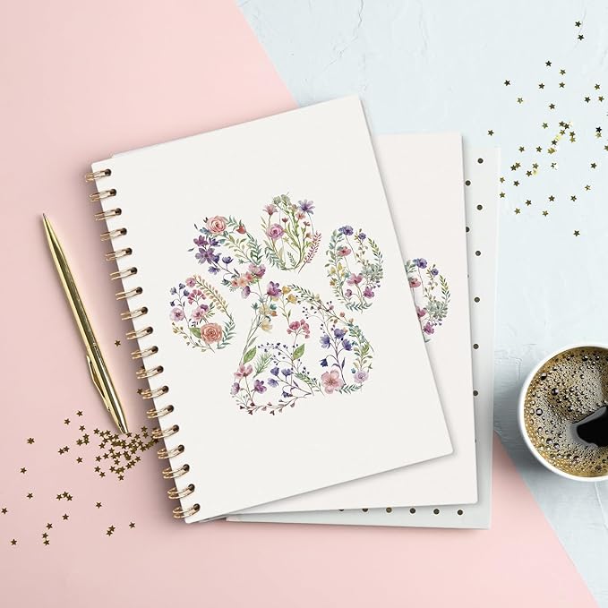 Floral Dog Paw Journal Notebooks, Dog Pet Lovers Gifts College Ruled Notebooks for Note Taking, Dog Mom Gift Journal Journaling, Spiral Notebook 5.5x8.3