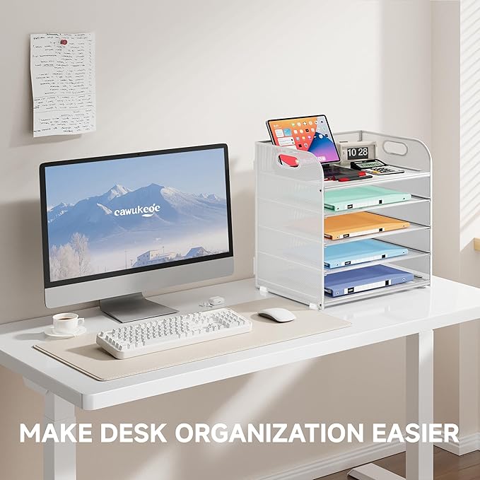 5 Tier Paper Organizer with Handle, Metal Mesh Desk Organizer File Folder Paper Letter Tray Desktop Document Sorter for Classroom, School, Office Accessories Organization and Storage - White