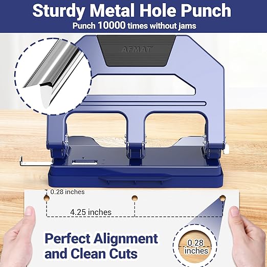AFMAT 3 Hole Puncher Heavy Duty, 40-Sheet Heavy Duty Three Hole Punch, 50% Reduced Effort Paper Punch, 10K+ Uses, Metal Hole Puncher 3 Ring w/Large Tray, Bulit-in S.S. Paper Guide, Blue