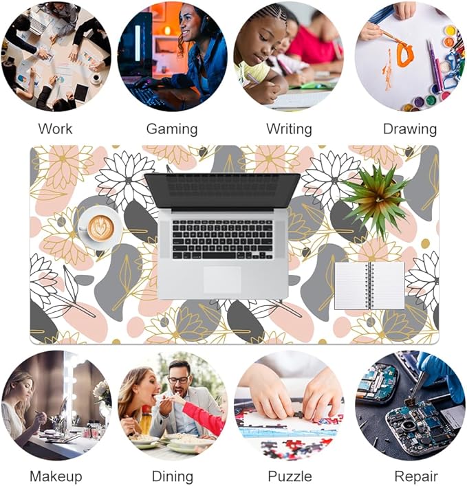 QiyI Large Mouse Pad, Extended Desk Mat for Desktop, PU Leather Waterproof Gaming Mousepad, Computer Desk Accessories Protector Writing Pads for School Office Home 31.5" x 15.7" - Line Art Flowers
