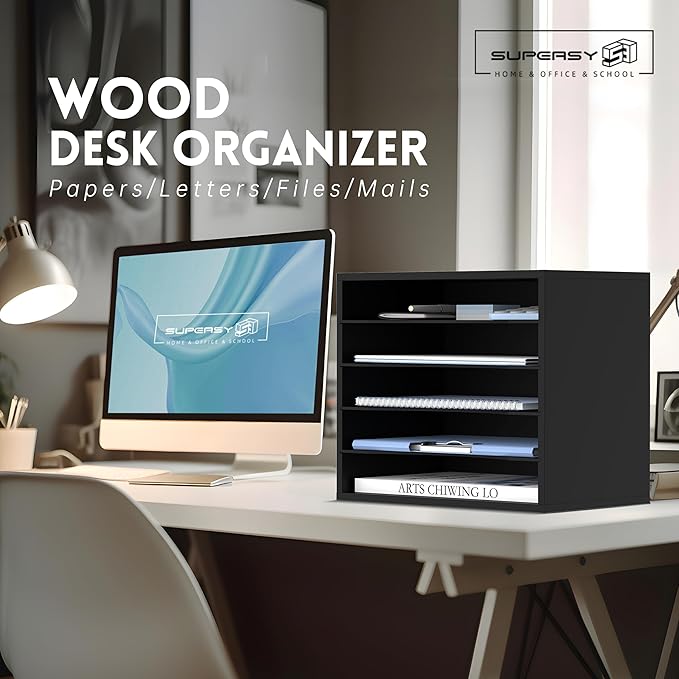 SUPEASY Wood Desk Organizer, 5 Tier Paper File Organizer for Desk, Wooden Desktop Organizer, Paper Letter Literature Mail Sorter, for Office School & Home Organization, Black