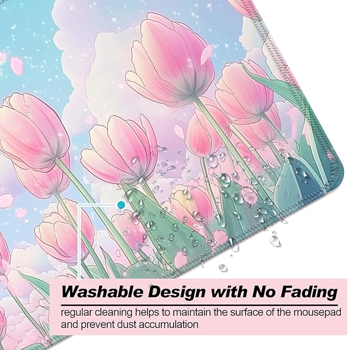 Pink Flower Tulips Gaming Desk Mat, Computer Keyboard Large Extended Long Floral Mouse Pad for Office and Home, XL (W30)