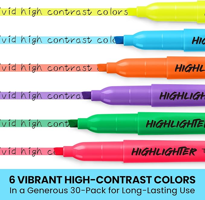 Taja 30 Pack Highlighters Bulk Assorted Bright Colors, 6 Colors Chisel Tip Highlighters Markers Set with No Bleed Ink, Perfect for School & Office Supplies