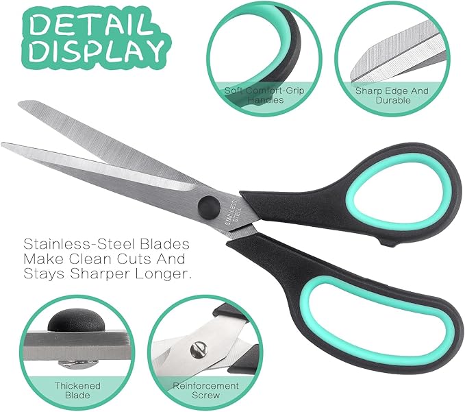 Scissors 8.5 Inch scissors all purpose Bulk Set of 3, Scissors for Office Home School Craft Supplies, Soft Comfort-Grip Right/Left Hand, Black