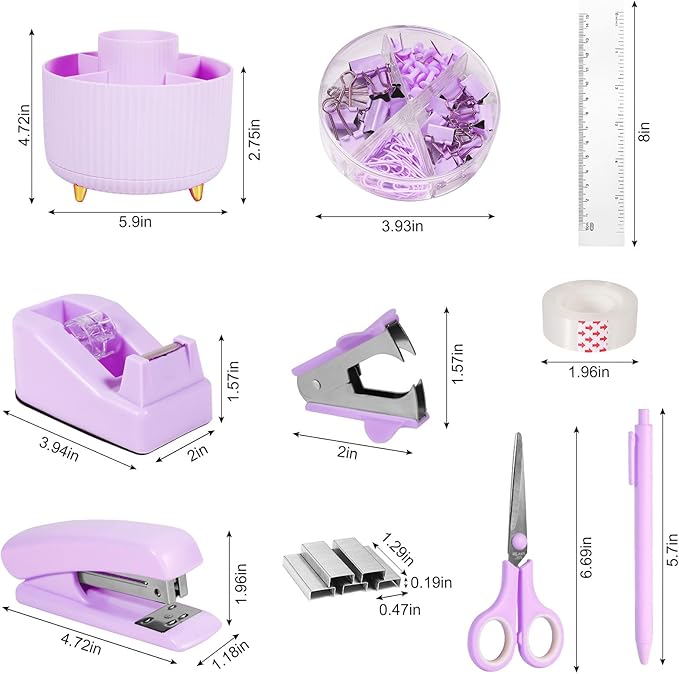 Purple Desk Organizers and Accessories 10Pcs Set with 360-Degree Rotating Pen Holder, Tape Dispenser, Stapler, Staple Remover, 1000 Staples, Tape, Clips Set, Ruler, Scissor, Pen (Purple)