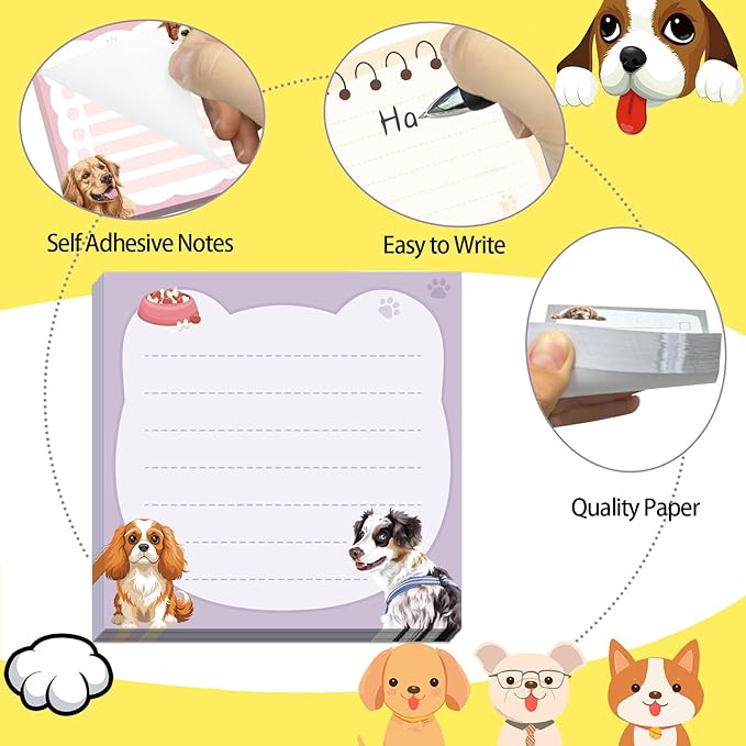 600Pcs Cute Dog Sticky Notes, Cartoon Dog Animal Sticky Notes Kawaii Self-Stick Memo Pads for Dog Lover Office Home School Supplies