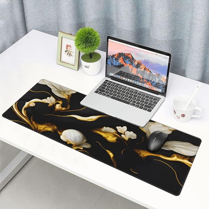 Desk Pad,Office Desk Mat 31.5"×11.8" Large Gaming Mouse Pad,Extended Computer Mouse Pad,Waterproof Thick Big Mouse Pads with Non-Slip Rubber Base Office Home Black Gold Marble Flower