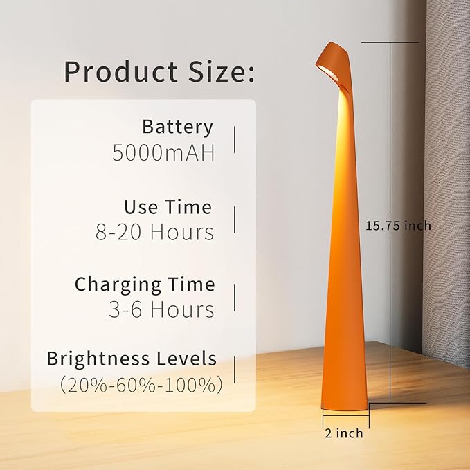 Portable Cordless LED Desk Lamp, Rechargeable Wireless Table Lamp, 3-Level Brightness, Patio & Bedside Night Light, Dining Room Ambient Reading Light (Orange)