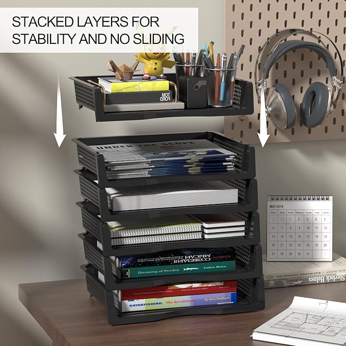 Xyskin 6 Tier Black Plastic Stackable Organizer Trays, Desktop Letter Tray for Office, Home, School