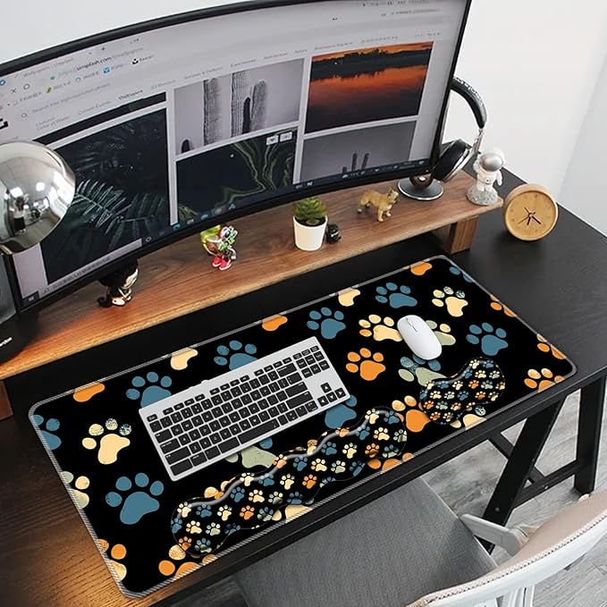 Keyboard Mouse Pad Set,Large Mouse Pad+Keyboard Wrist Rest+Wrist Support+Coaster,31.5x11.9in Extended Desk Mat for Computer Laptop Office Home - Cute Dog Paw Print