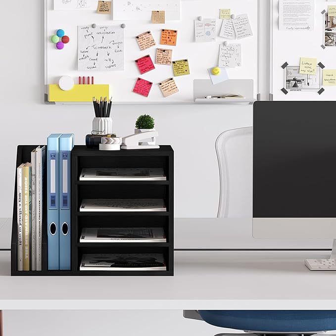 Wood Desk Organizer File Holder, Wooden Mail Organizer Countertop with Adjustable Compartments, Desktop File Organizer Paper Sorter for Home, Office and School, Envelope Organizer, Black