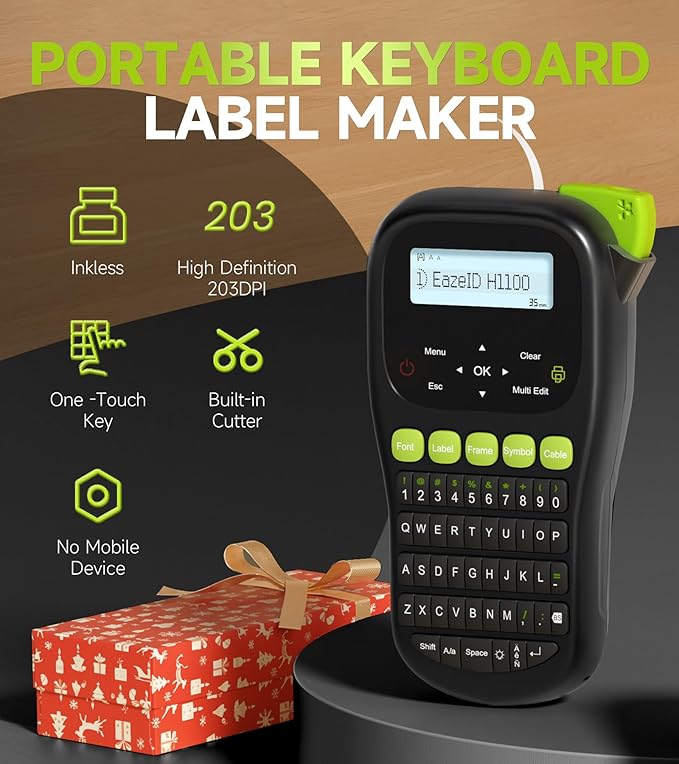 Industrial Label Maker Machine with-Tape Waterproof, Portable Cable Label Maker with Keyboard, Handheld Wire Labeler with Backlight Screen for Home Office Use, H1100 Black