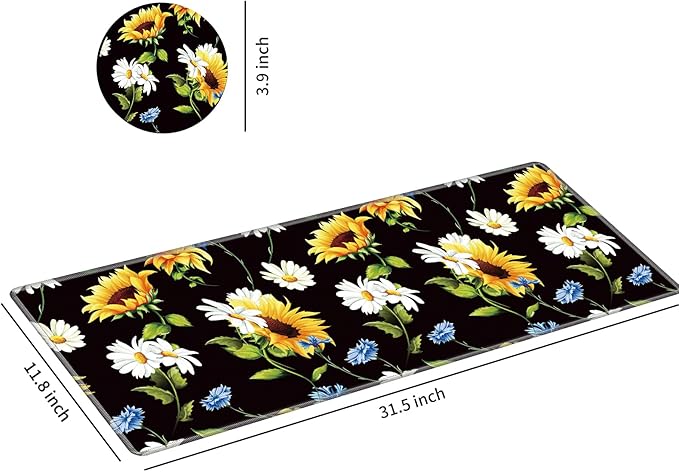 Large Gaming Mouse Pad with Stitched Edges, Desk Pad Protector, Computer Keyboard Mouse Mat Non-Slip Cute Desk Decor for Home/Office/Study Accessories+ Coaster, Sunflowers Daisy