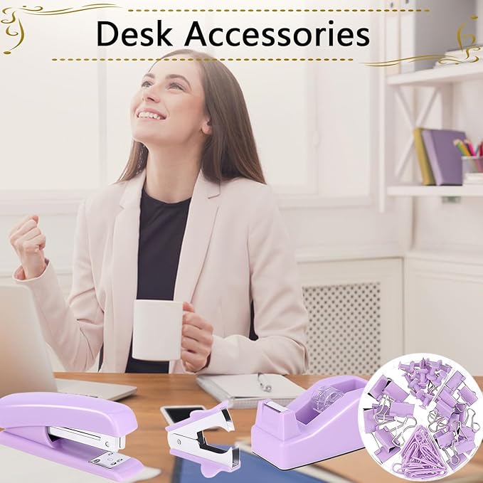 Office Supplies Set,Desk Accessories,Stapler and Tape Dispenser Set,1000 Staples,Staple Remover,Hinder Clips,Scissor,Index Tabs,Clear Tape,Ballpoint Pen,Coworkers(Purple)