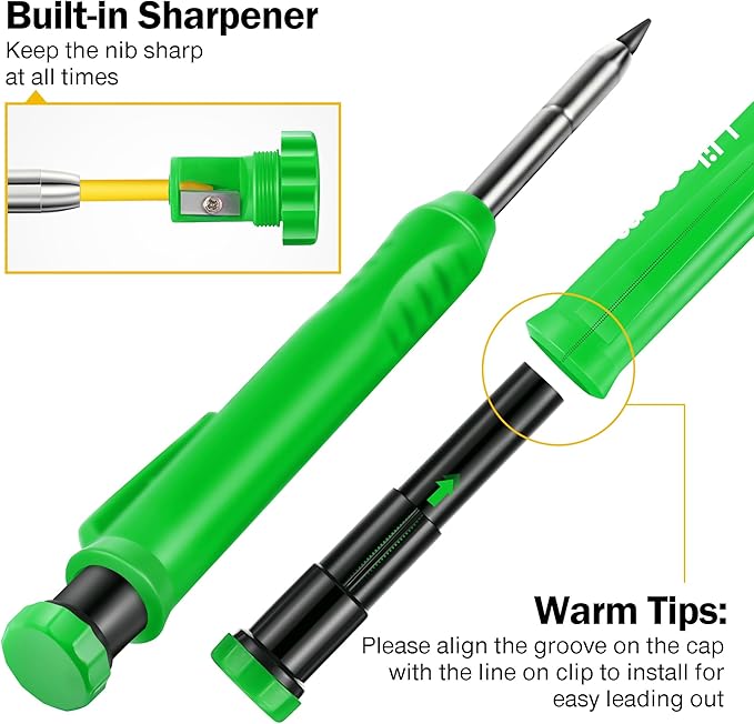 Hiboom 2 Pack Solid Carpenter Pencils with Pencil Cap and 18 Refills, Long Nose Deep Hole Mechanical Pencil Marker, Scribe Tool with Built-in Sharpener for Construction Woodworking Architect (Green)