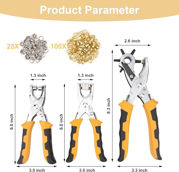 3Pcs Hole Punch Plier, Eyelet Punch Tool Set, Leather Punch Eyelet Tool for Paper, Leather, Card, Handbag and Shoes (25X Snap Button Set, 100X Eyelets)