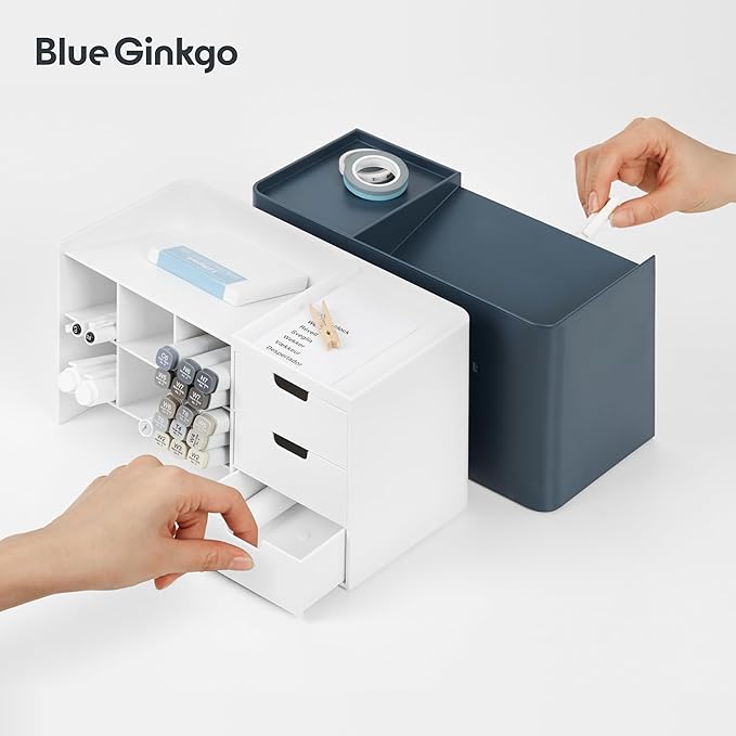 BLUE GINKGO Hive Stack Desk Organizer – Stackable Pen Holder, Stationary Organizer with Drawers - Office Storage, School Supplies, Makeup (Made in Korea, Blue Transperent)